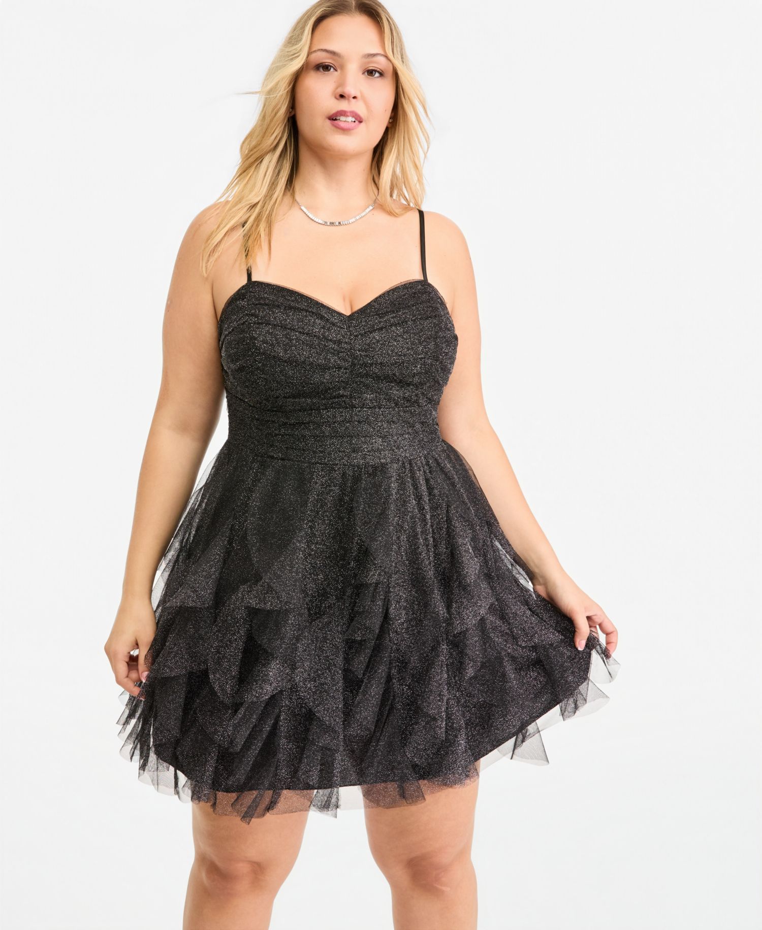 Plus Size Glitter-Mesh Ruffle-Skirt Mini Dress