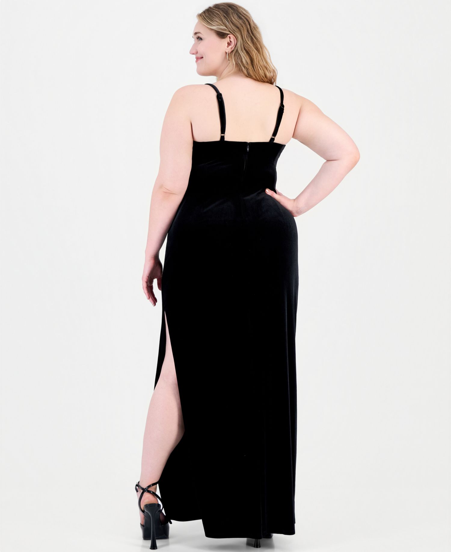 Plus Size Long Velvet With Hardware Open Front Side Slit Gown