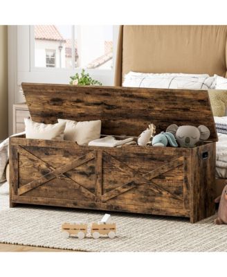 47.2" Wooden Storage Chest with Safety Hinges - Farmhouse Style Entryway - Spacious Shoe and Blanket Organizer