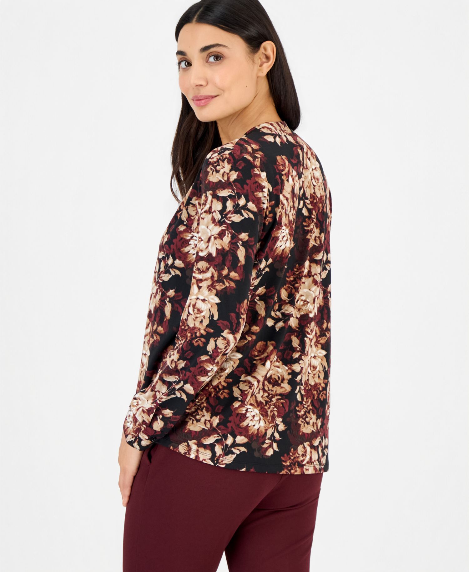 Petite Split-Neck Yoke Long-Sleeve Blouse