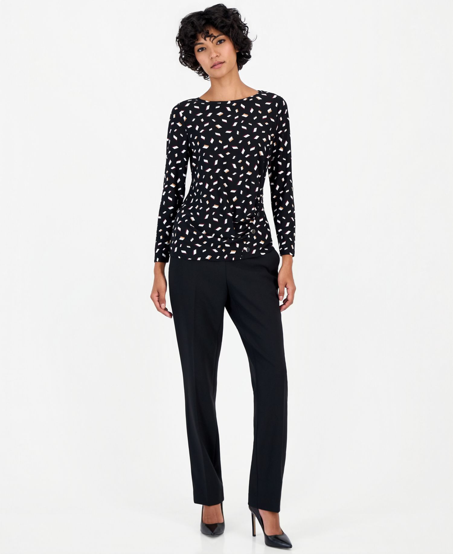 Women's Petite Long-Sleeve Ruched Rivet-Detail Blouse