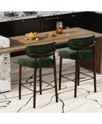 Set of 2 Upholstered Bar Stools, 26 Inch Counter Height Bar Stools with Wood Legs, Kitchen Island Stools with Back, Linen Fabric, Curved Back