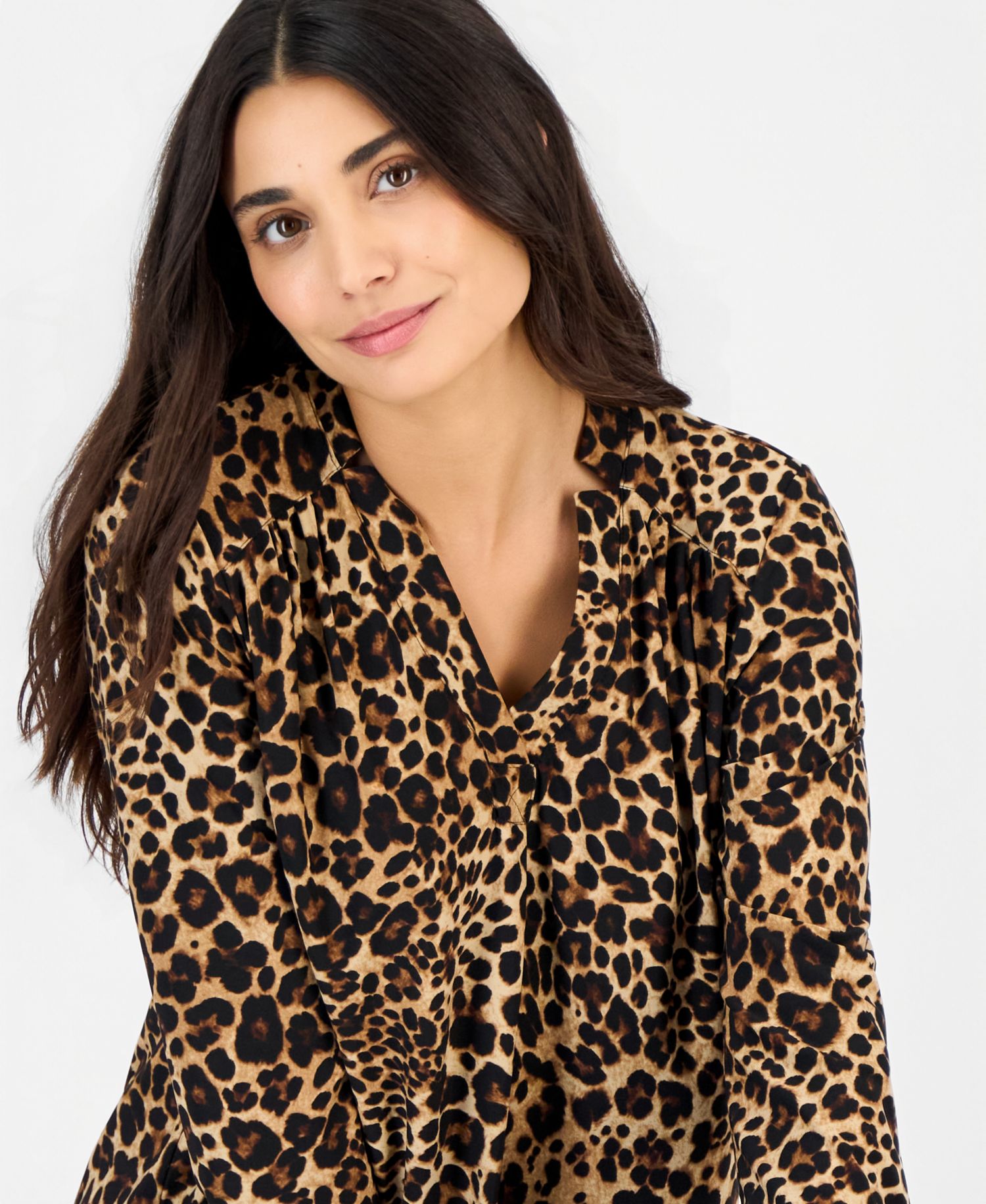 Petite Long-Sleeve Leopard-Print Blouse