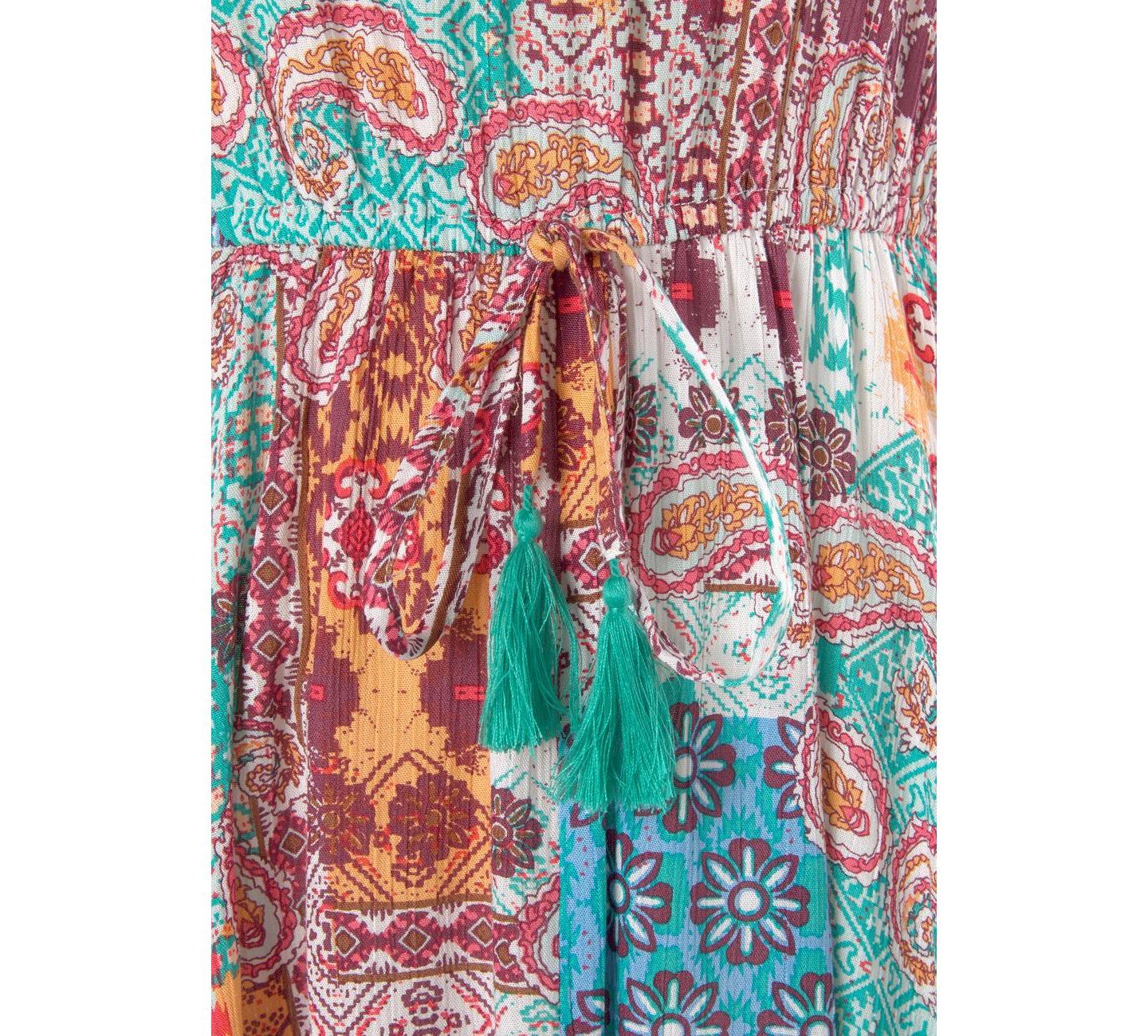 Женское платье LASCANA Viscose Patchwork Print A-Line V-Neck Elastic-Waist Short, цвет: Разноцветный с принтом — фото 8