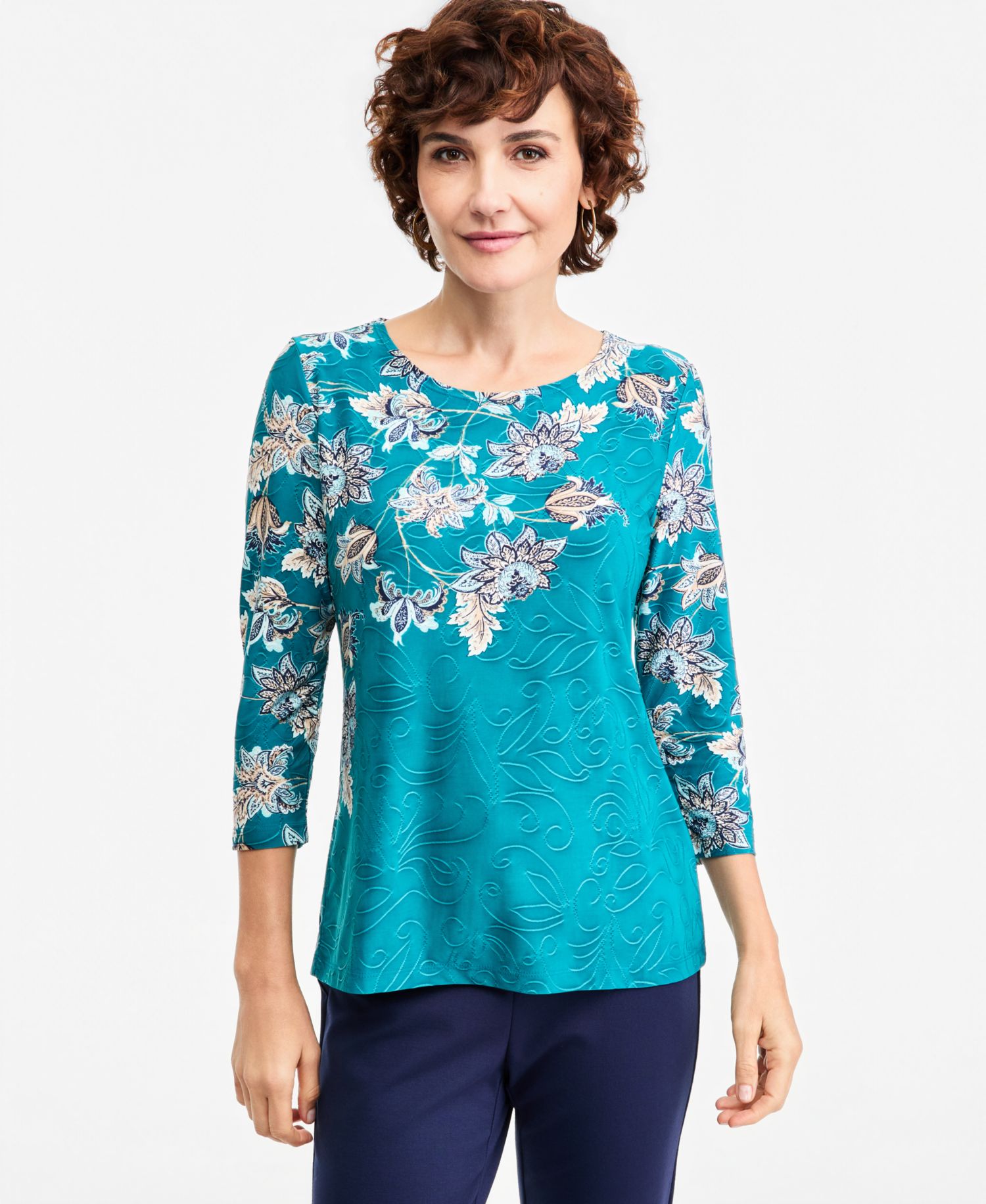 Petite 3/4-Sleeve Floral Scoop Neck T-Shirt