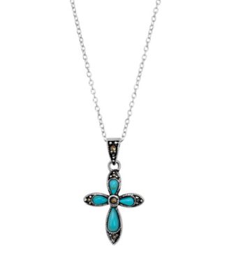 Simulated Turquoise Marcasite Cross 18" Pendant Necklace
