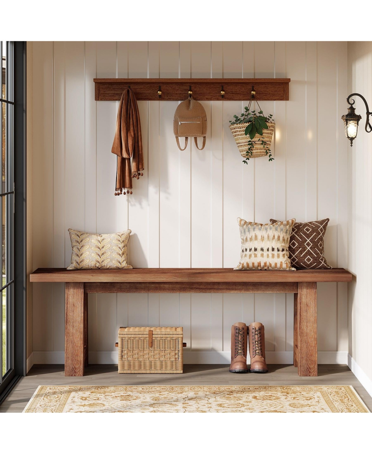 Slickblue Farmhouse Entryway Bench and Shoe Storage Solid Wood