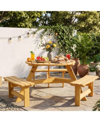 6 Person Wooden Outdoor Picnic Table with 3 Built-in Benches, Circular Dining Table and Chairs Set with Umbrella Hole for Garden