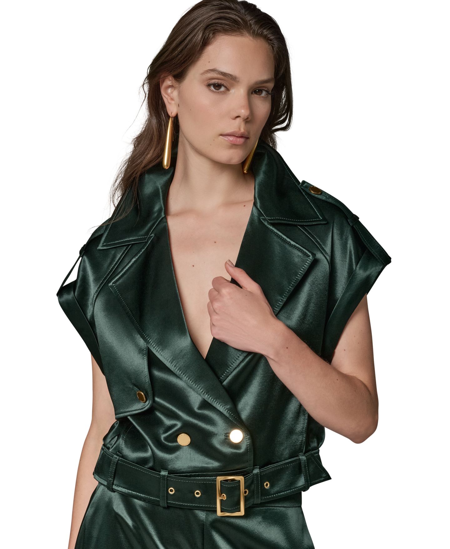 Женский жилет Donna Karan New York Luxe Drape Satin Belted Vest, цвет: Чёрный тёмно-зелёный — фото 1