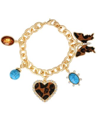 Crystal and Cheetah-Print Butterfly and Heart Charm Bracelet for Women 7.5inch, 5 Charms