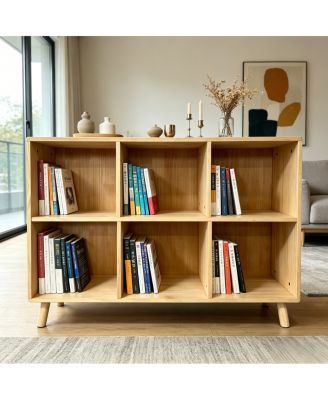 6-Cube Wooden Storage Shelf with Legs, Natural Solid Wood Cubby Organizer