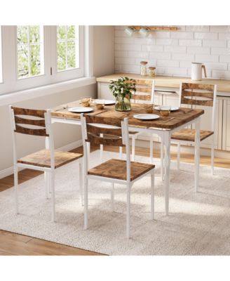 Dining Table Set of 5, Wooden Kitchen Table with Spiral Metal Legs and Cushioned Chairs