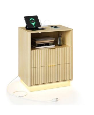Fluted Nightstand with Charging Station, Wooden Night Stand with LED Light, Modern Mid Century Bedside End Table with 2 Drawers