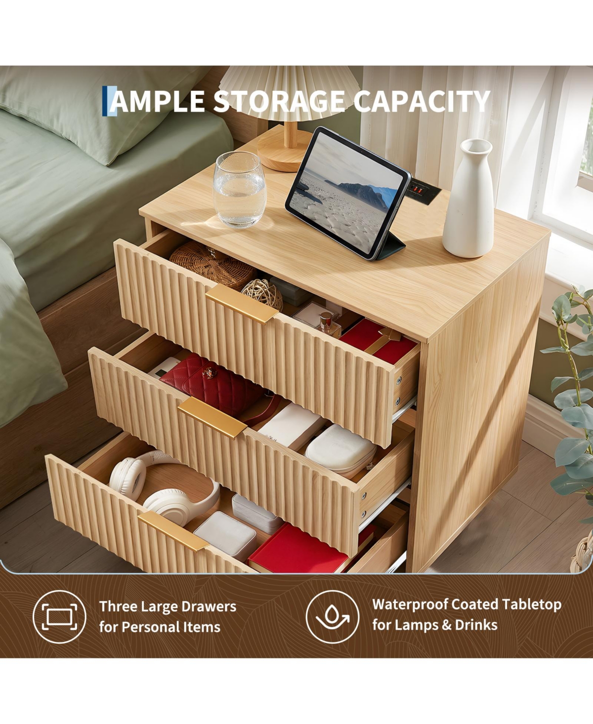 gaomon Wavy-Patterned Three-Drawer Nightstand with Usb Port and Power Outlet-a Compact Dressing Table for the Bedroom or Living Room