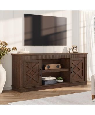 Farmhouse TV Stand for 65/70 Inch TVs, 65 in Long Entertainment Center with 2 Door and Open Storage Shelf, Fluted Television Consoles Stands