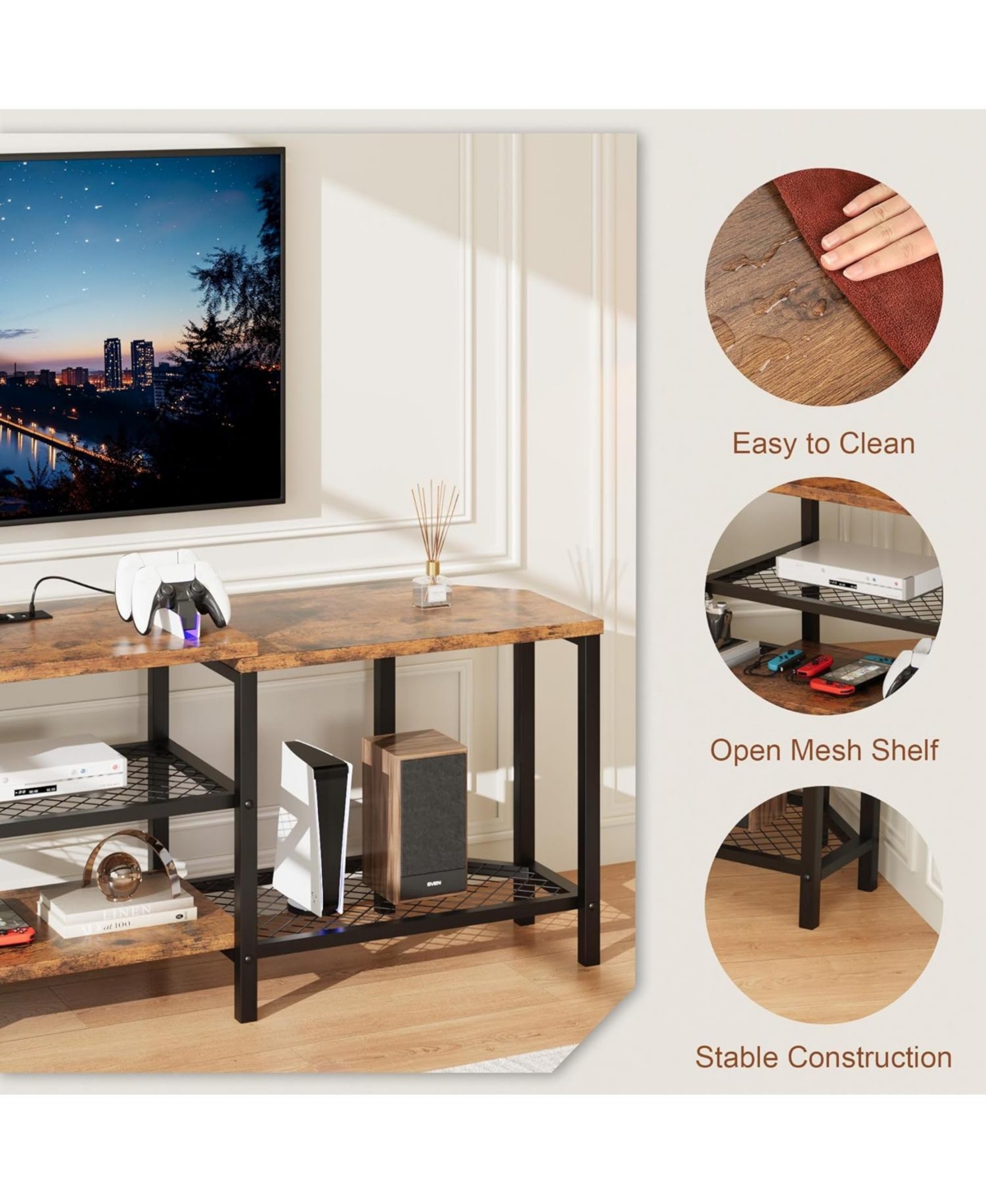 gaomon Tv Stand with Led Lights and Power Outlets, Entertainment Center 4 Storage Shelves