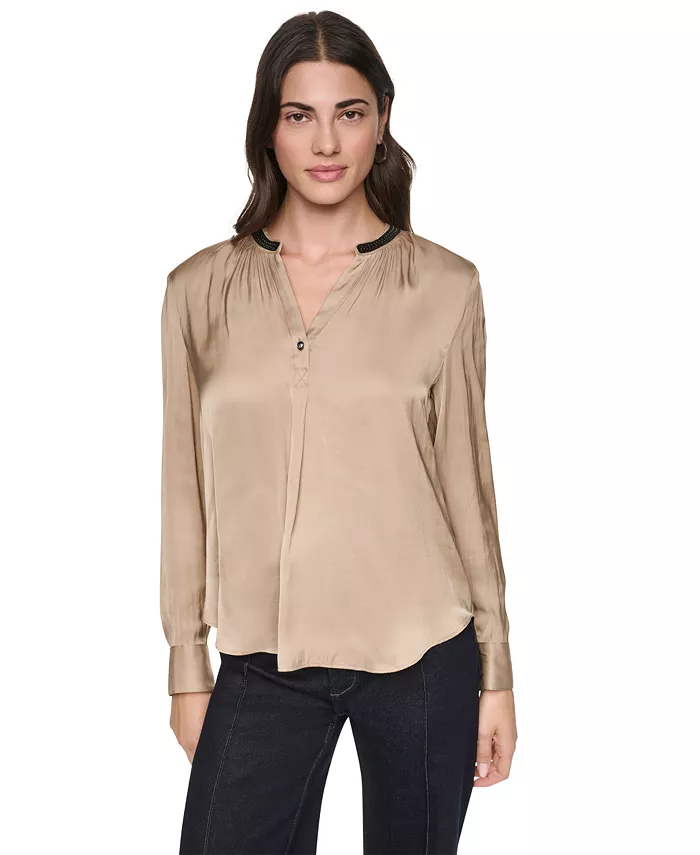 Women's V-Neck Satin Long-Sleeve Top - thumbnail 4
