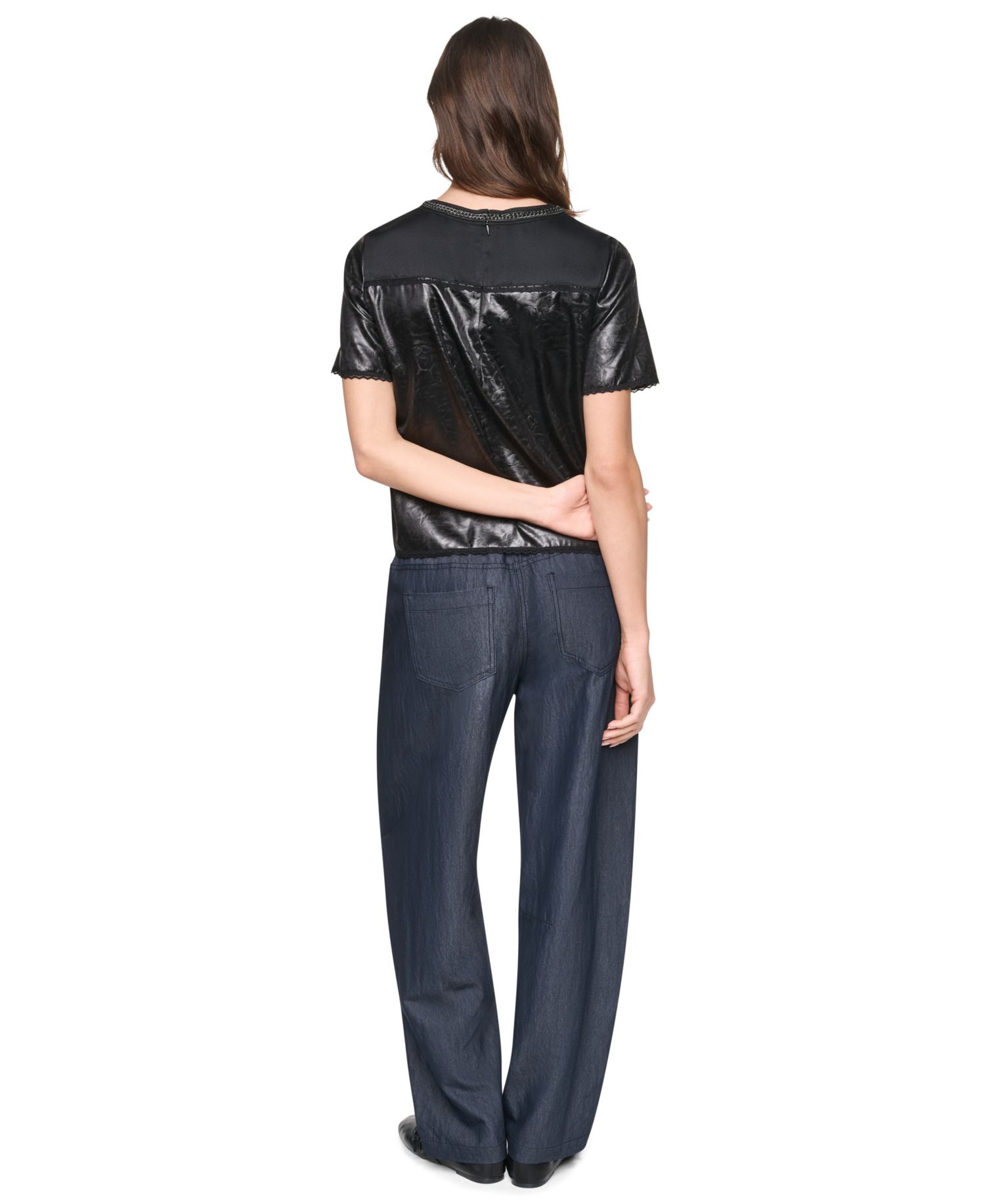 Women's Chain Neck Short-Sleeve Mixed Media Top