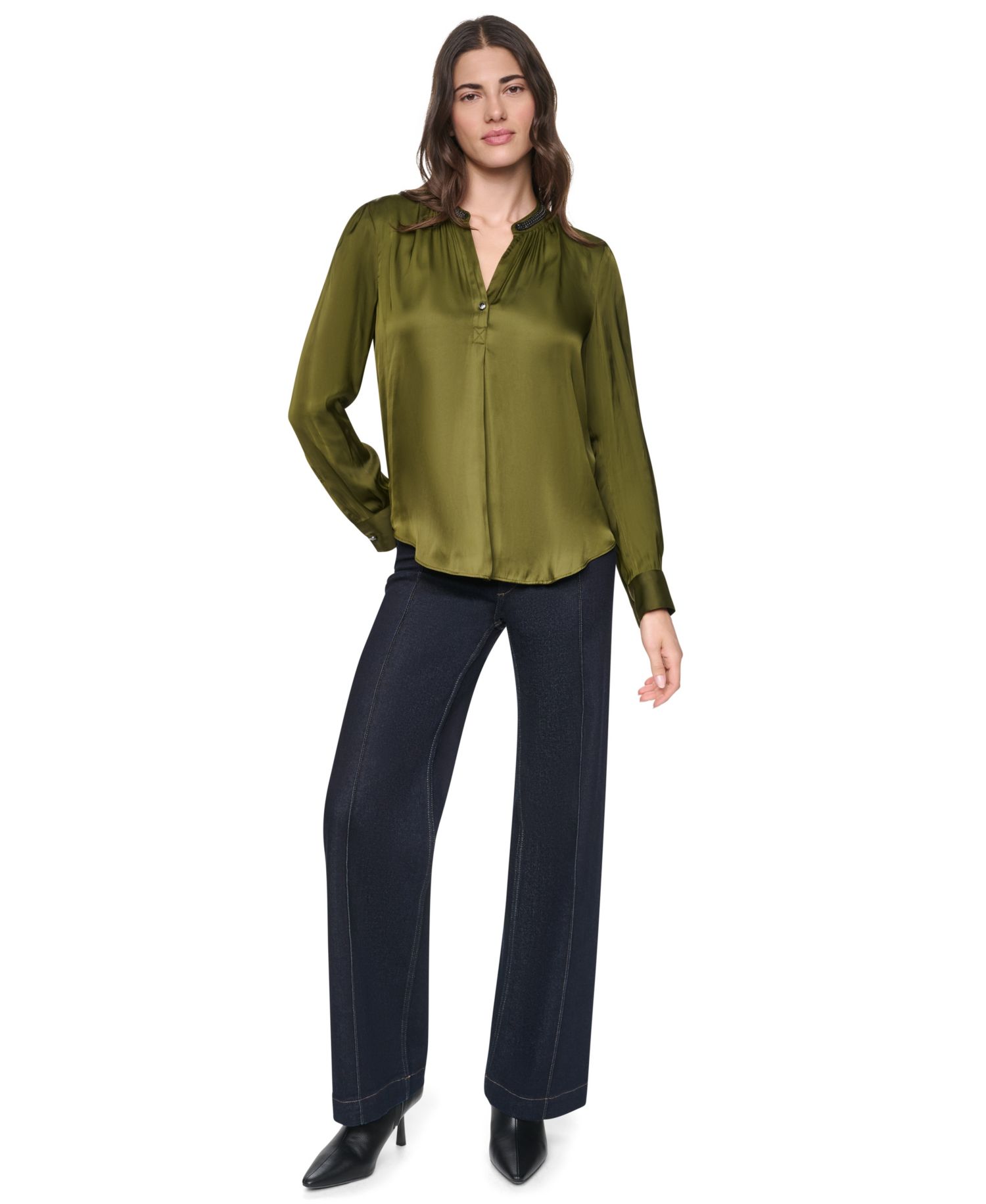 Women's V-Neck Satin Long-Sleeve Top