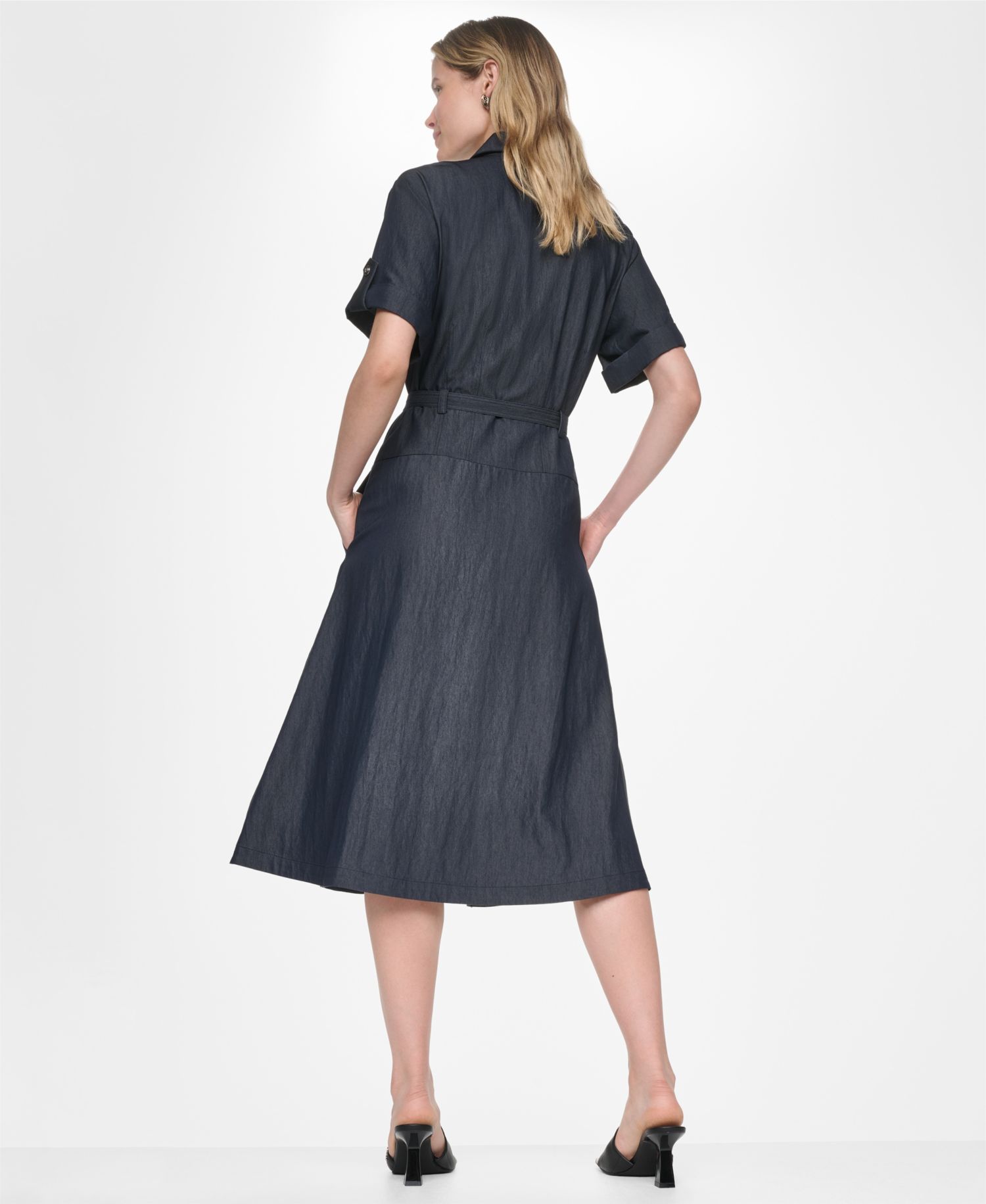 Women's Collared Short-Sleeve Removable Belt Midi Dress