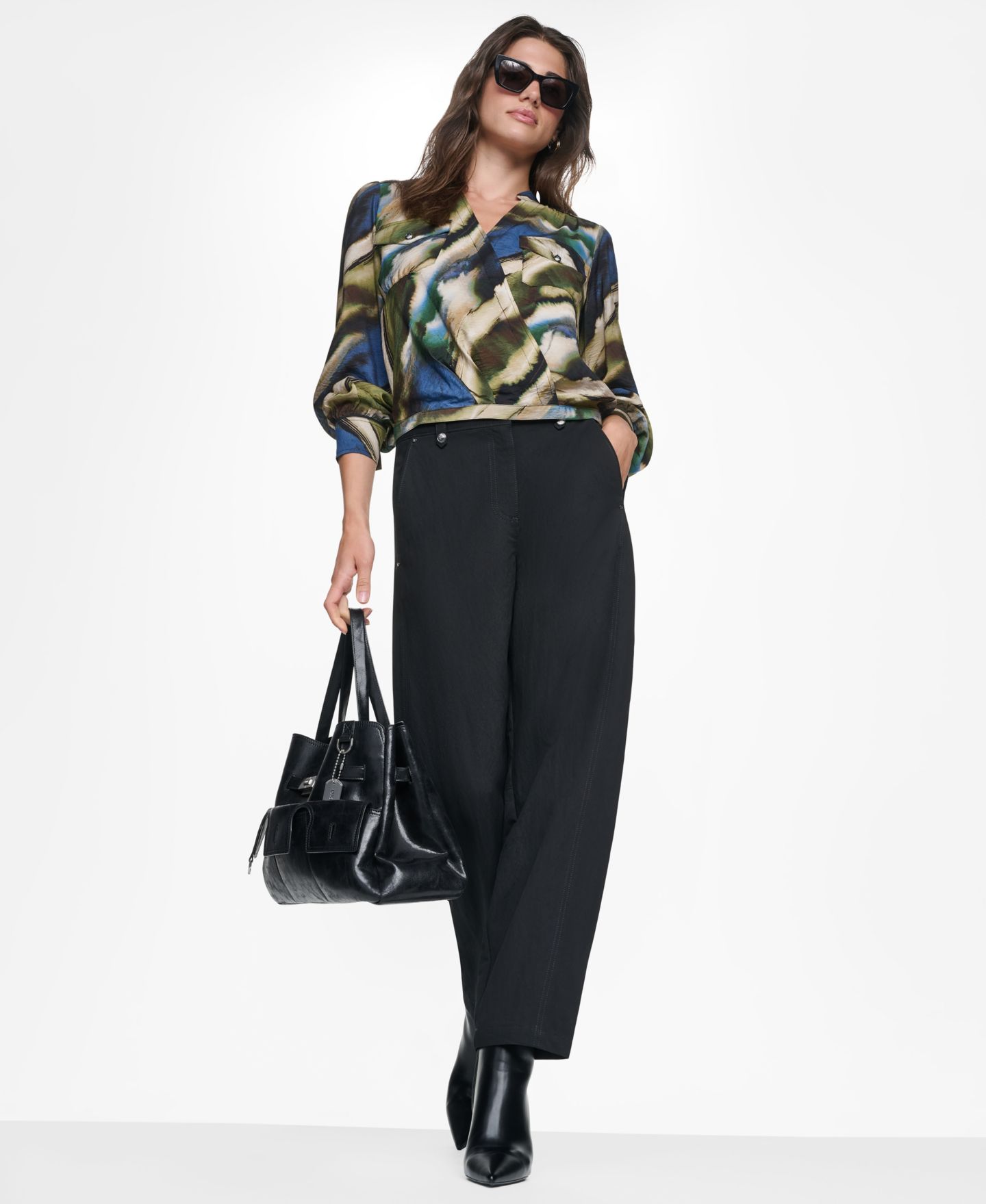 Женская блузка DKNY Printed Surplice V-Neck Long-Sleeve Voile Blouse, цвет: Brushed Riverside — фото 7