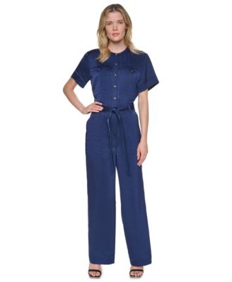 Women's Collared Short-Sleeve Button-Front Jumpsuit