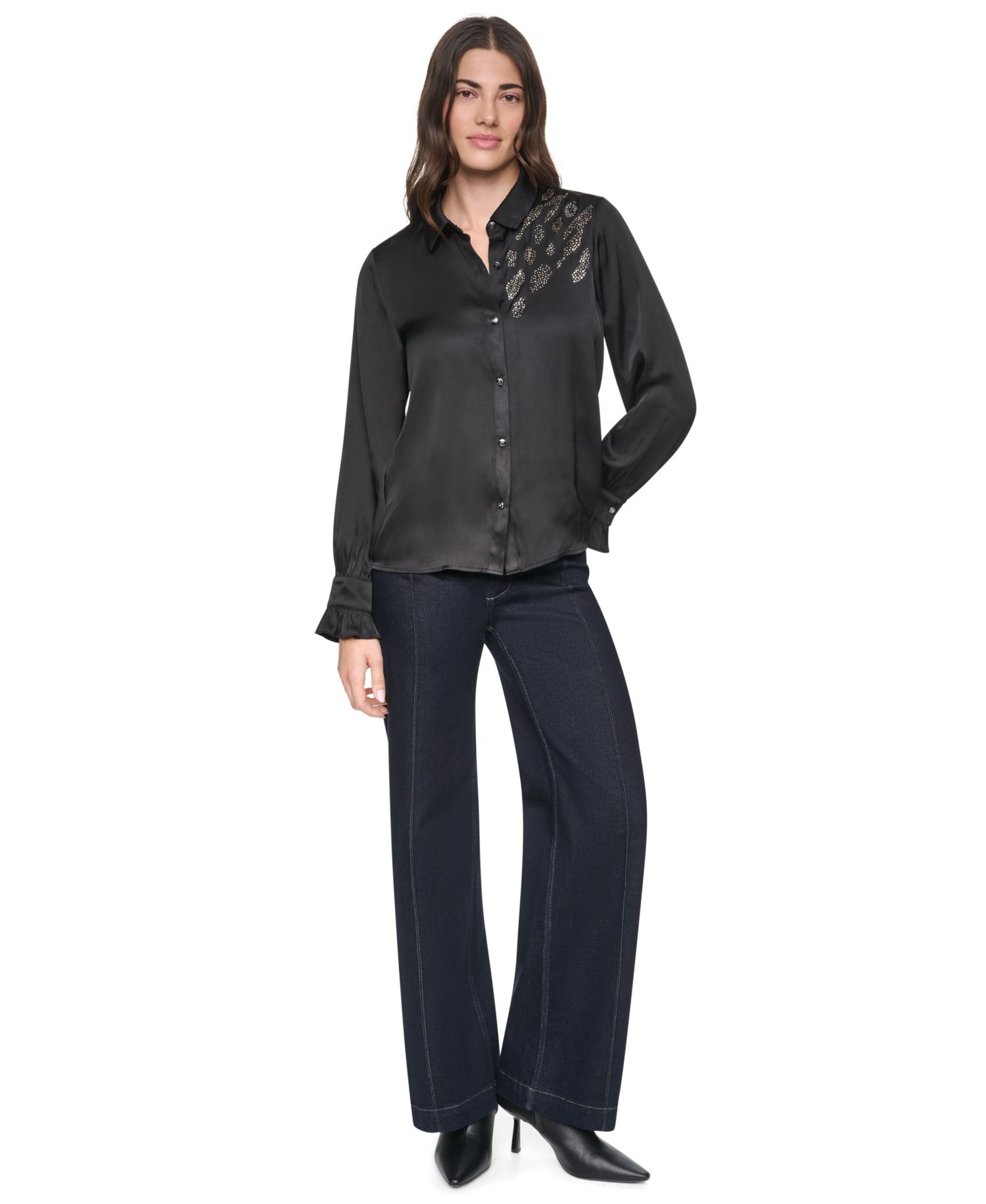 Women's Animal Print Heatset Ruffle-Cuff Collared Blouse