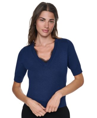 Women's Lace Trim Crewneck Short-Sleeve Cotton Sweater
