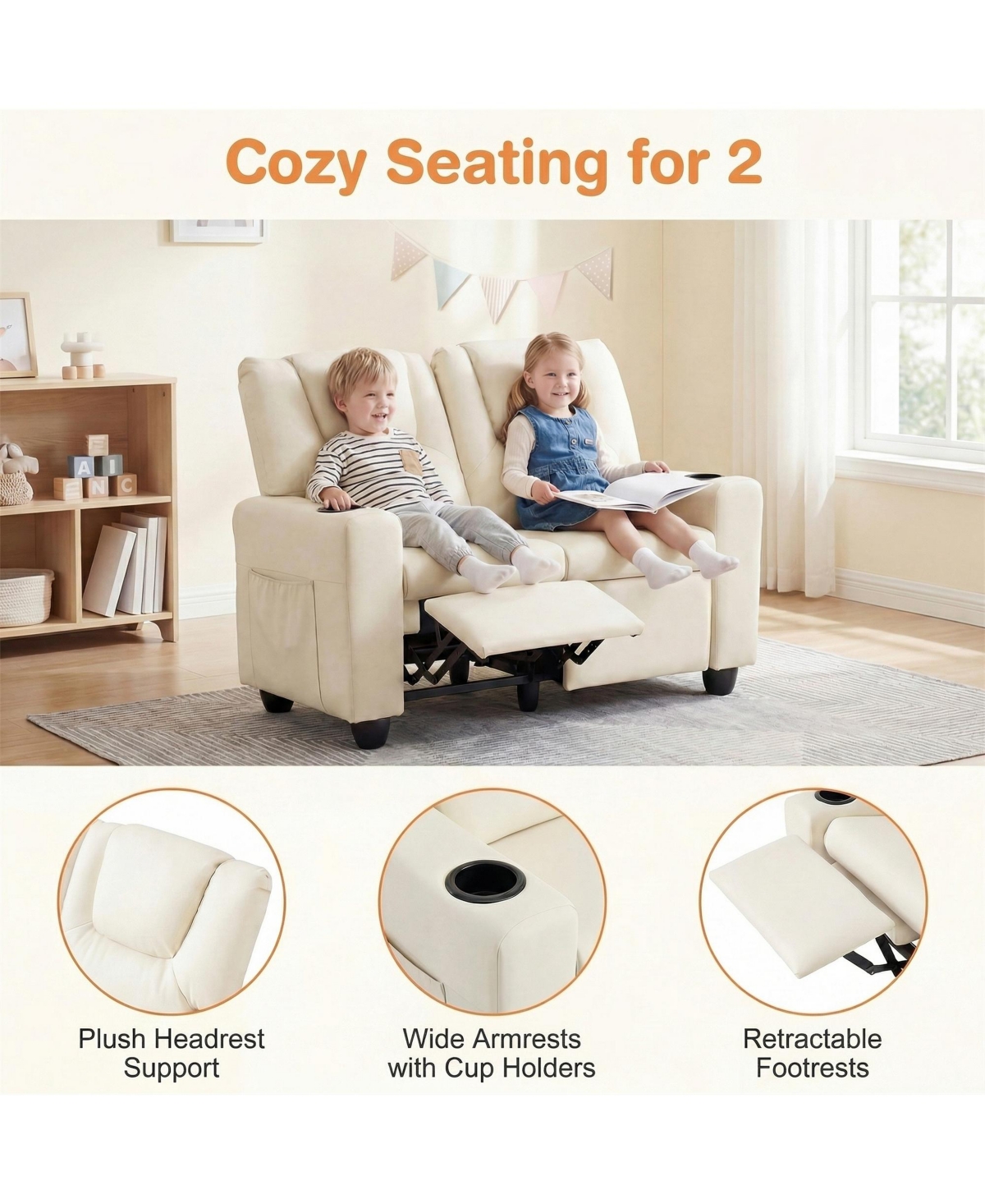 Costway 2-Seater Kids Recliner with Cup Holders Side Storage Pockets Adjustable Backrest