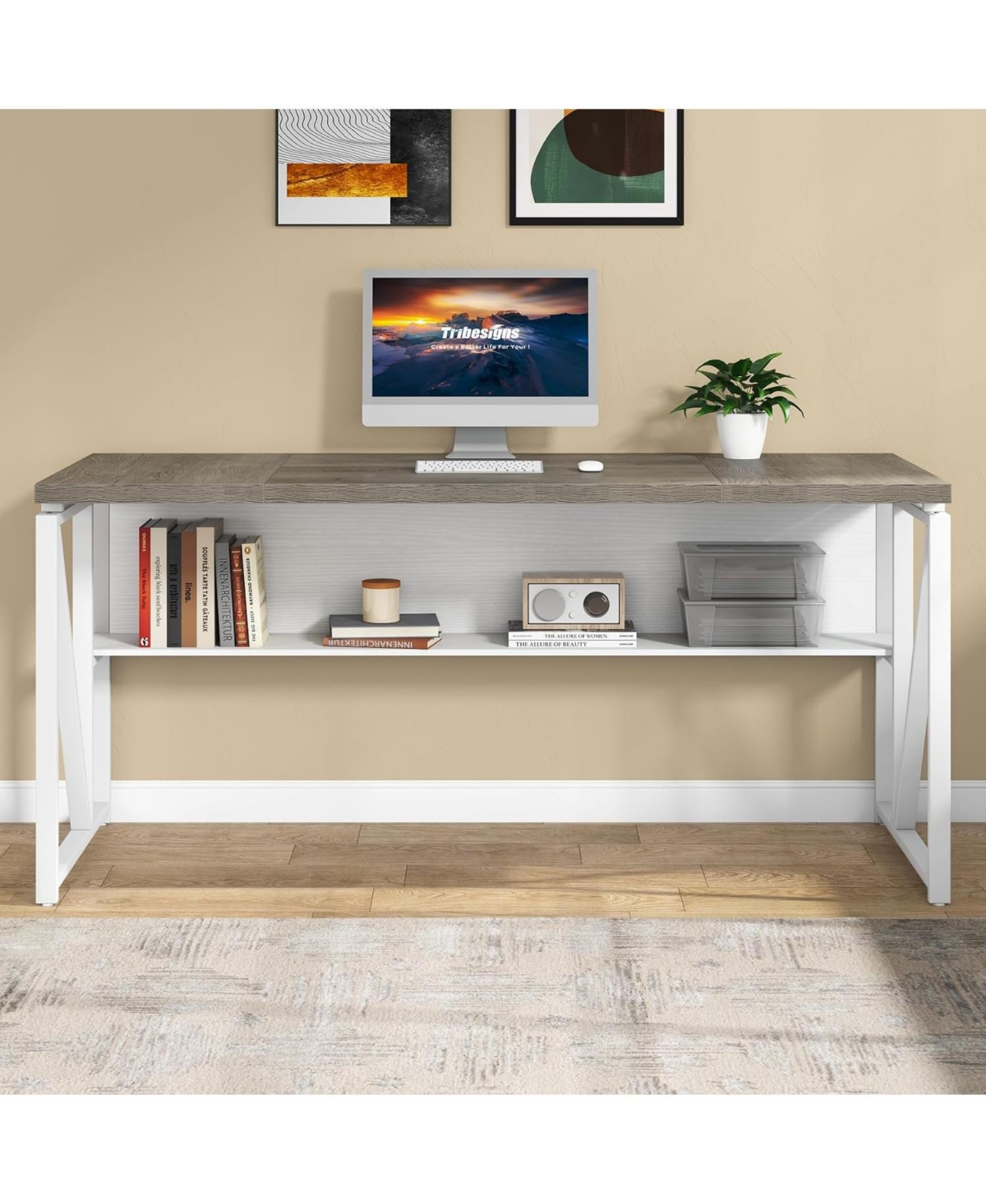 Tribesigns 63" Computer Desk with Bottom Shelf: Home office writing table for workstation. Dark Walnut Plus steel legs. (Cabinet not included)