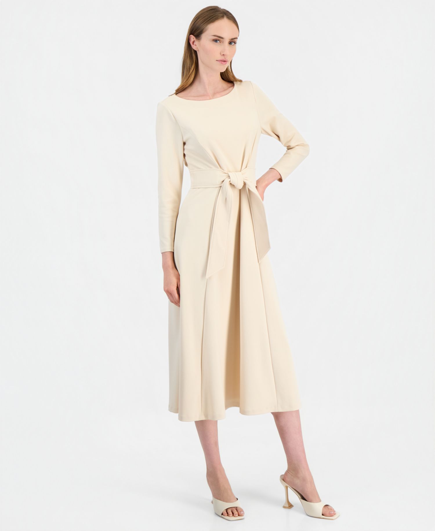 Women's Boat-Neck Tie-Waist A-Line Midi Dress