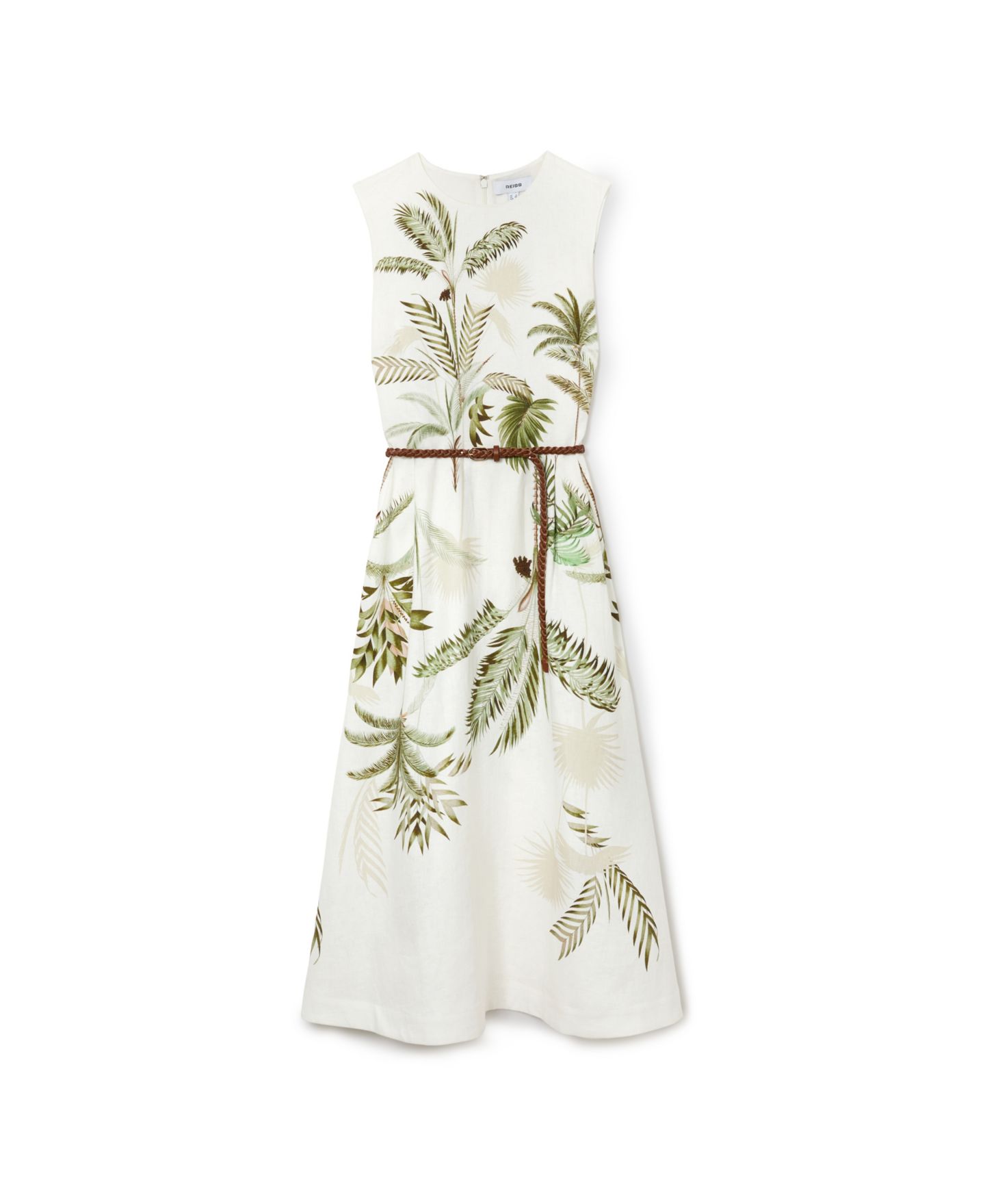Женское платье REISS Palma Linen Palm-Print Sleeveless Midi, цвет: Слоновая кость — фото 5