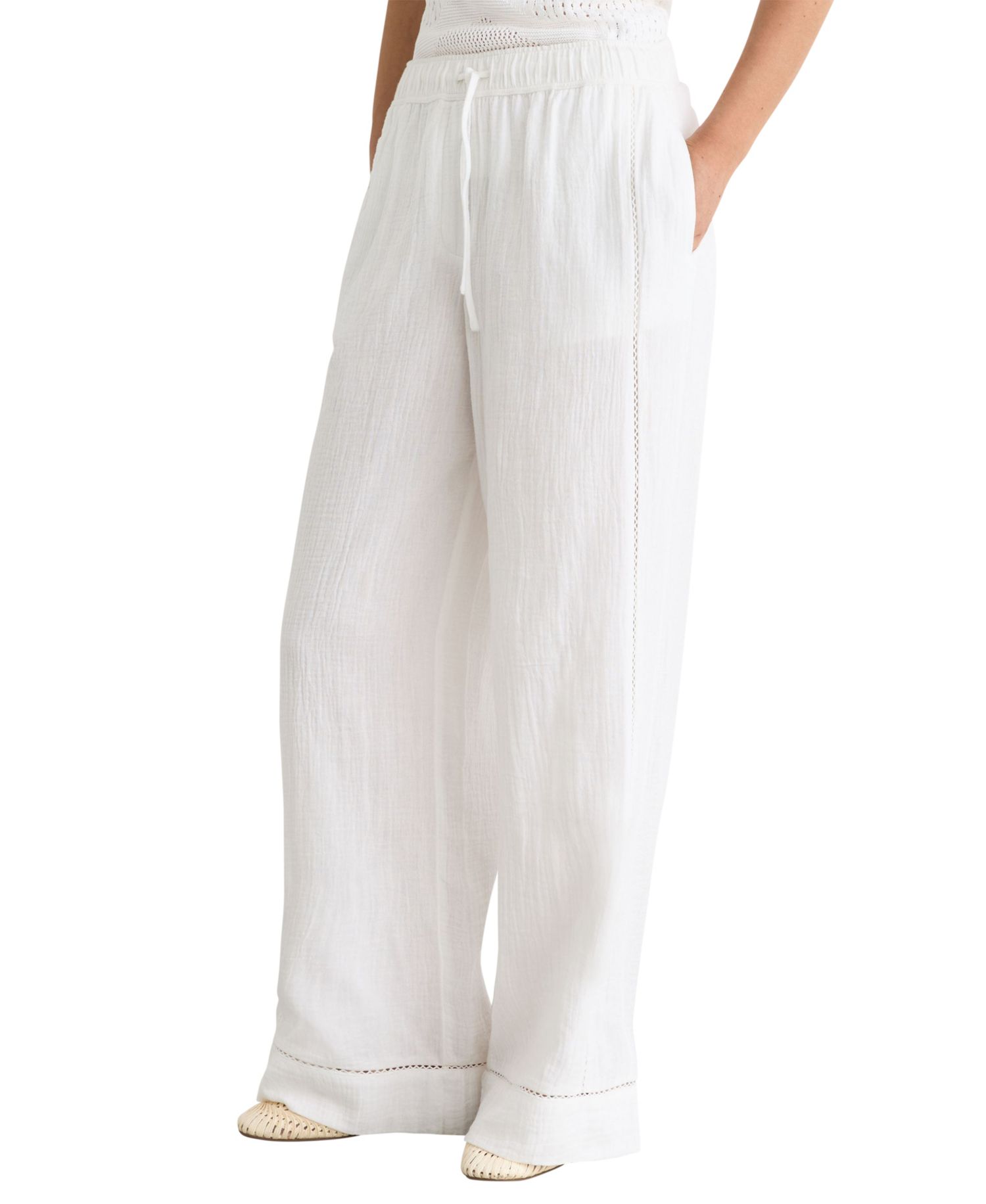 Women's Rue Cotton Cheesecloth Wide-Leg Drawstring Ladder-Stitch Pants