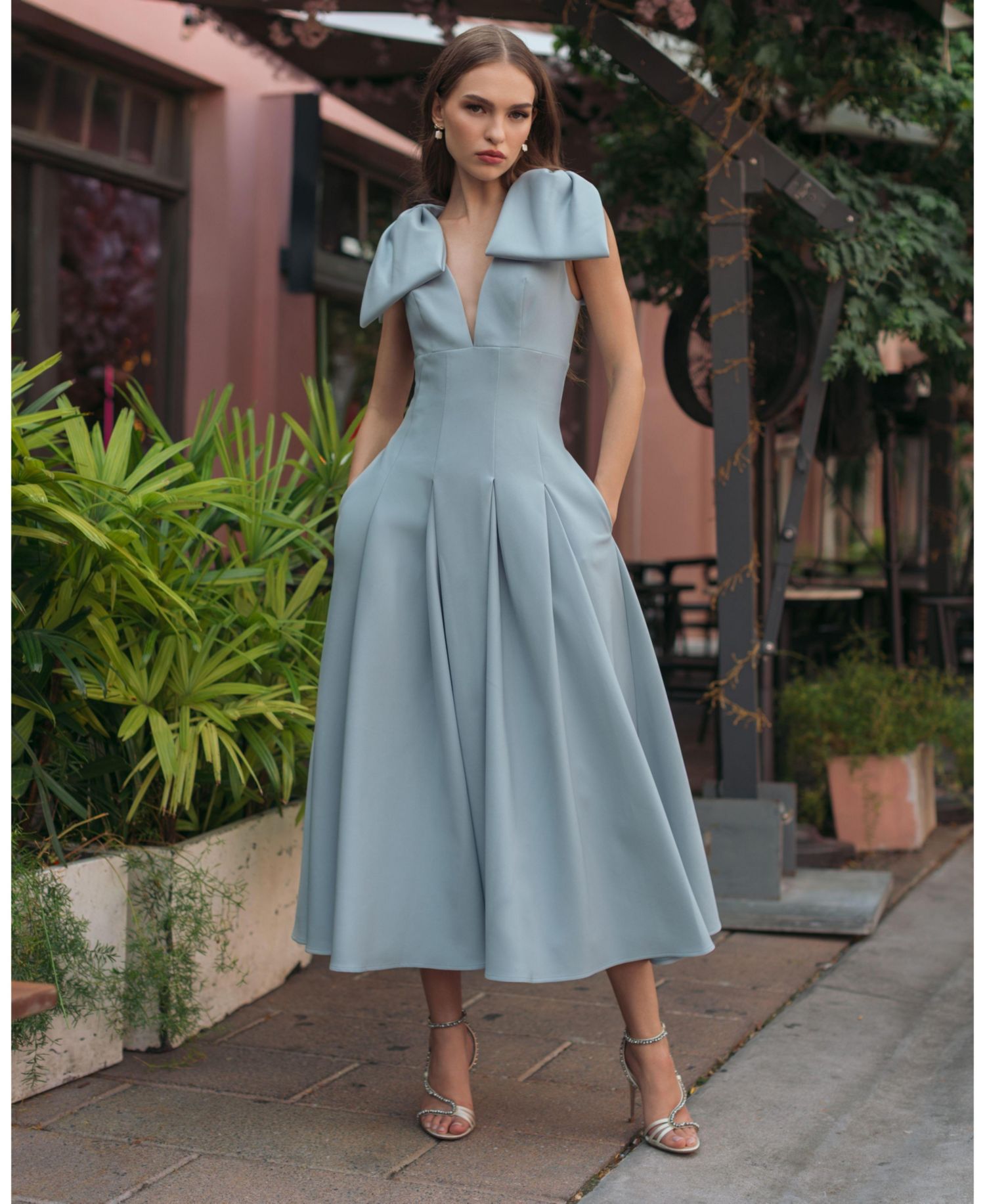 Women's Crepe A Line Midi Dress With Bow Straps