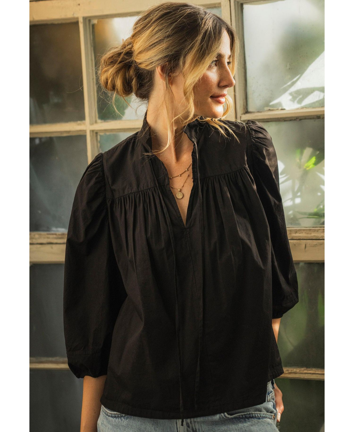 Women's Cotton Tie Neck 3/4 Sleeve Top