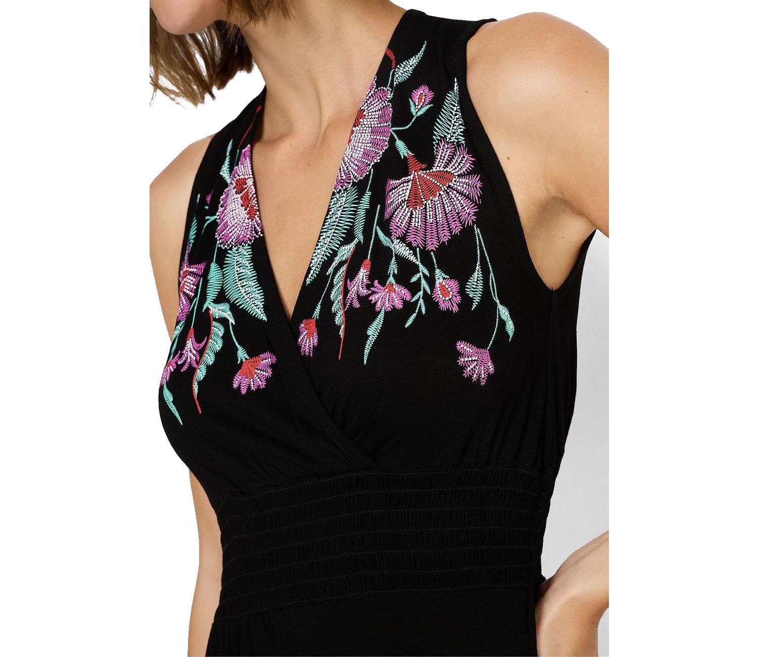 Women's Viscose Floral Print Embroidered Column V-Neck Maxi Dress