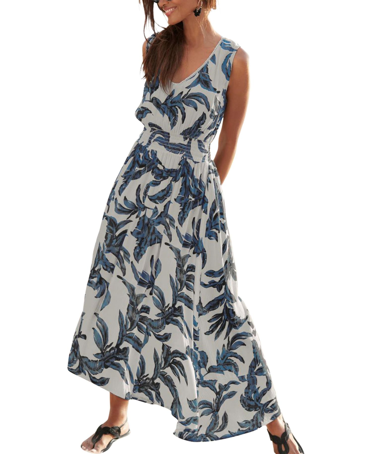 Women's Viscose Printed Crochet V-Neck Smocked-Waist Maxi Dress