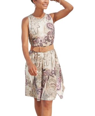 Women's Viscose Printed Sleeveless with A-Line Elastic-Waist Short Dress