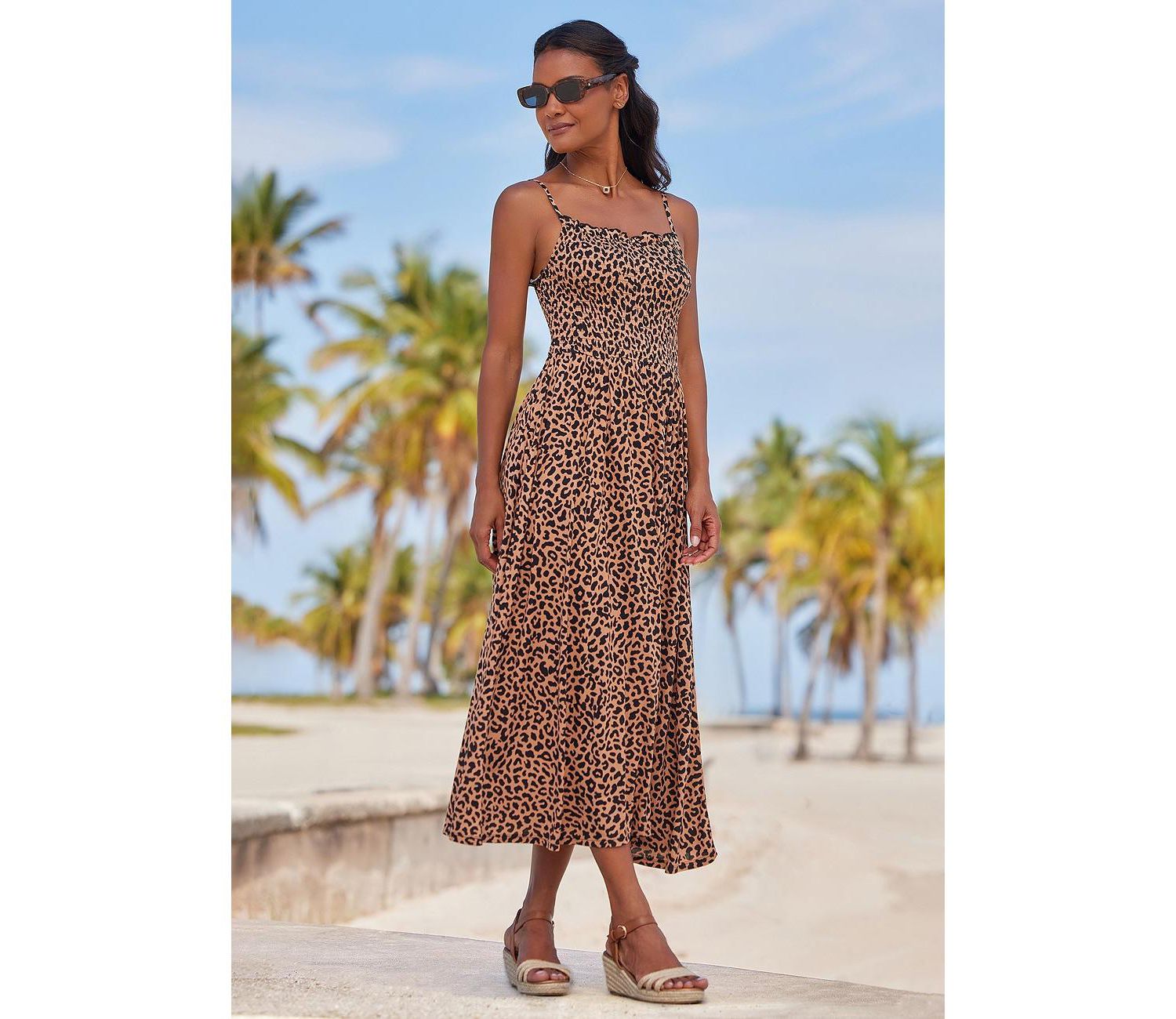 Women's Viscose Animal Print Smocked Square-Neck Midi Dress