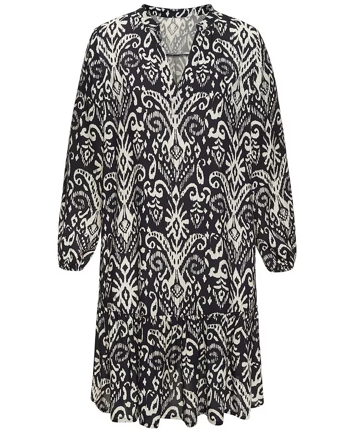 Women's Viscose Printed Tunic Ruffle-Trim Notch-Neck Short Dress - thumbnail 5