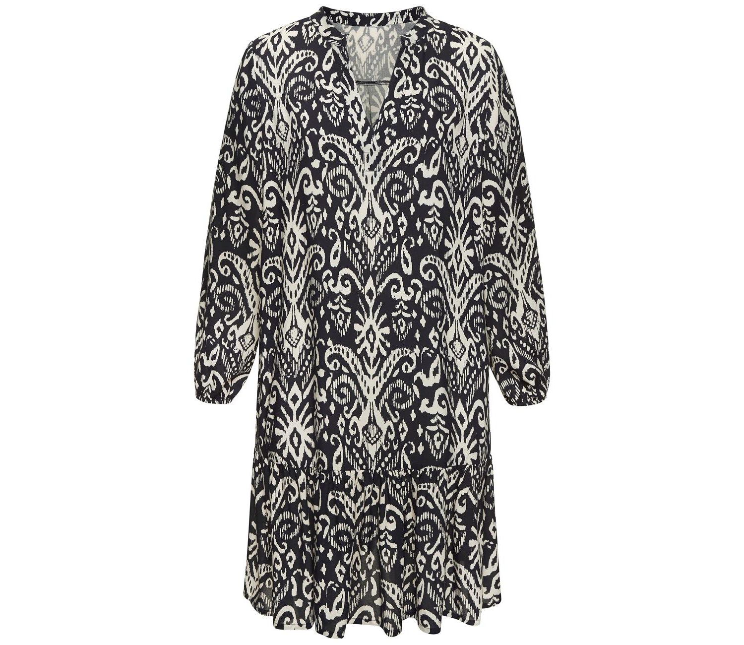 Women's Viscose Printed Tunic Ruffle-Trim Notch-Neck Short Dress