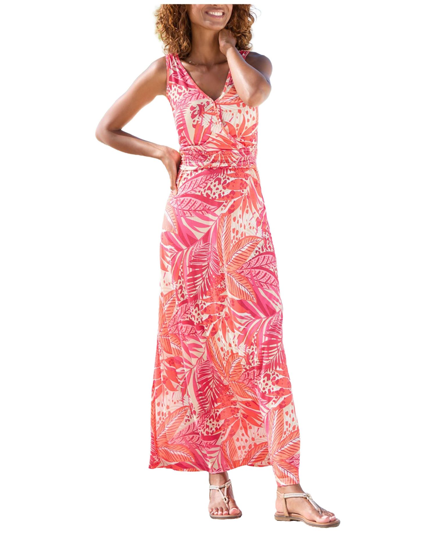Women's Viscose Printed Smocked Waist A-Line V-Neck Maxi Dress