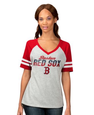 Women's Heather Gray Boston Red Sox Goal Line Raglan V-Neck T-Shirt