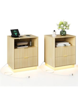 Fluted Nightstand Set of 2, Wooden Night Stand with Charging Station and LED Light, Modern Mid Century Bedside End Table with 2 Drawers