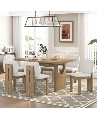7-Piece Retro Dining Table Set for 6 with Upholstered Chairs