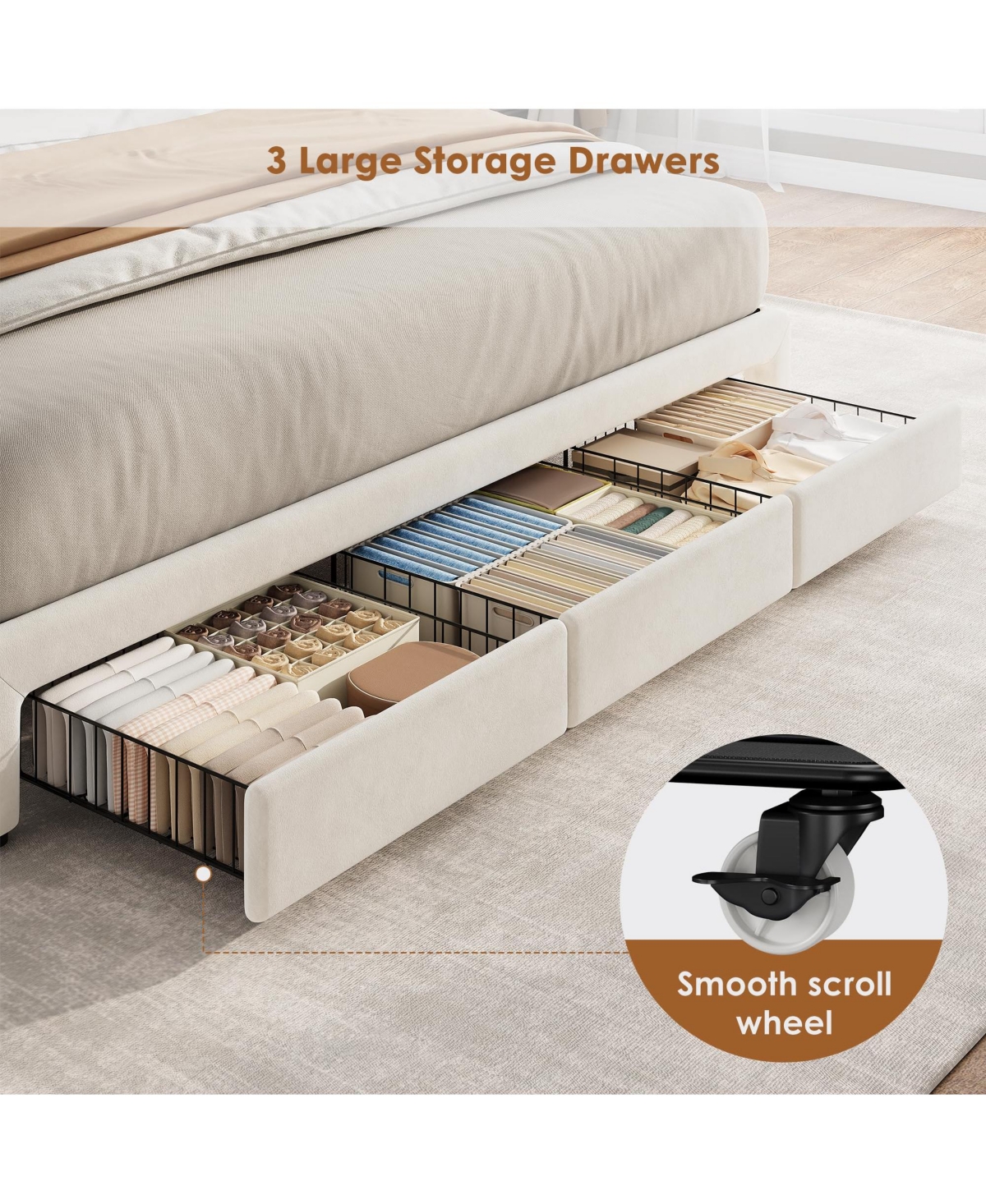 gaomon King Size Bed Frame with Storage, Velvet Upholstered Platform Bed Frame with Crystal Tufted Headboard, Charging Station