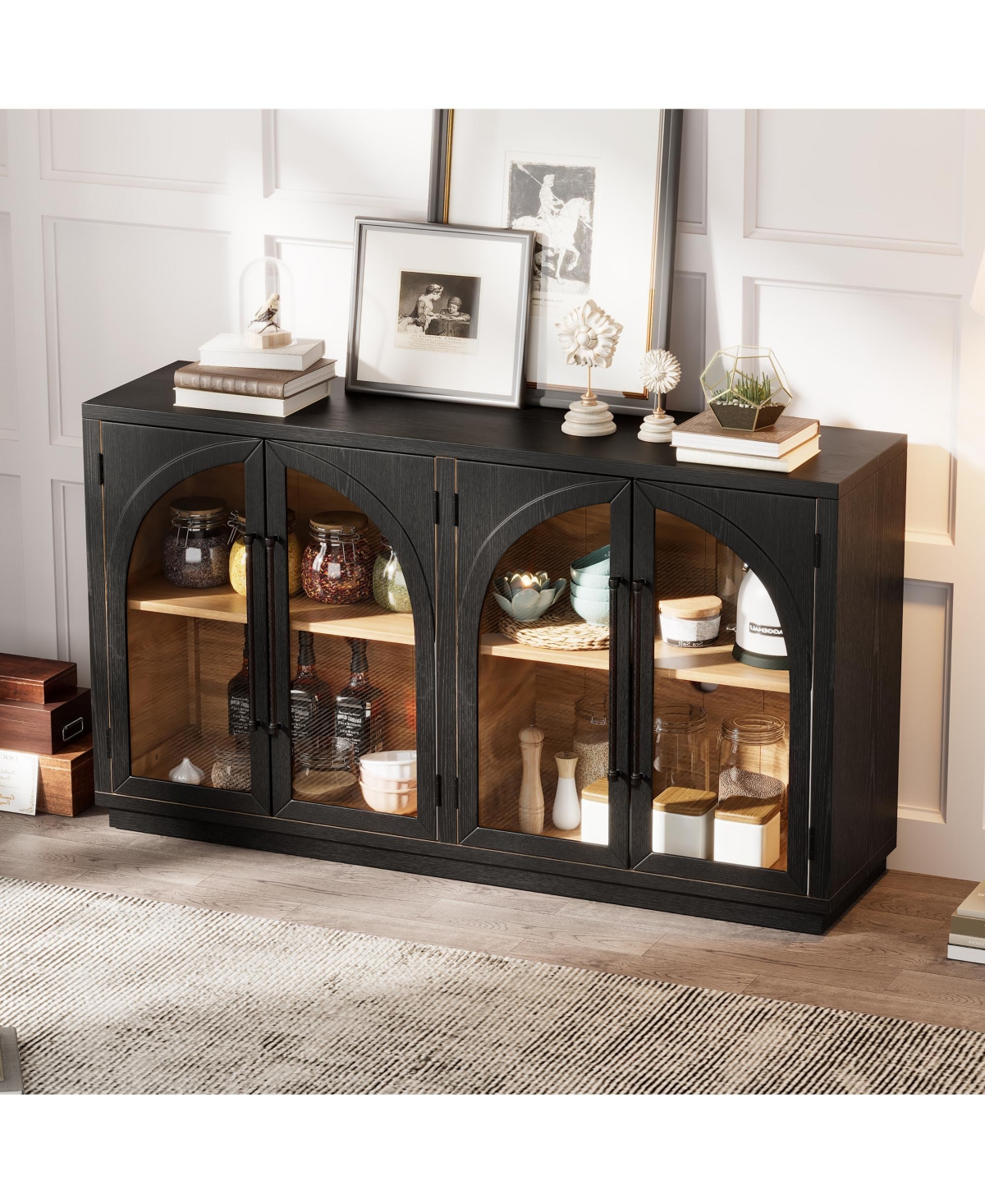 sumyeg 4-Door Large Storage Cabinet with Glass Doors, Arched Cabinet with Adjustable Shelves