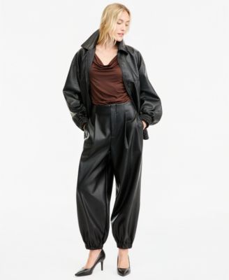 Women's High-Rise Pleated Faux Leather Pants