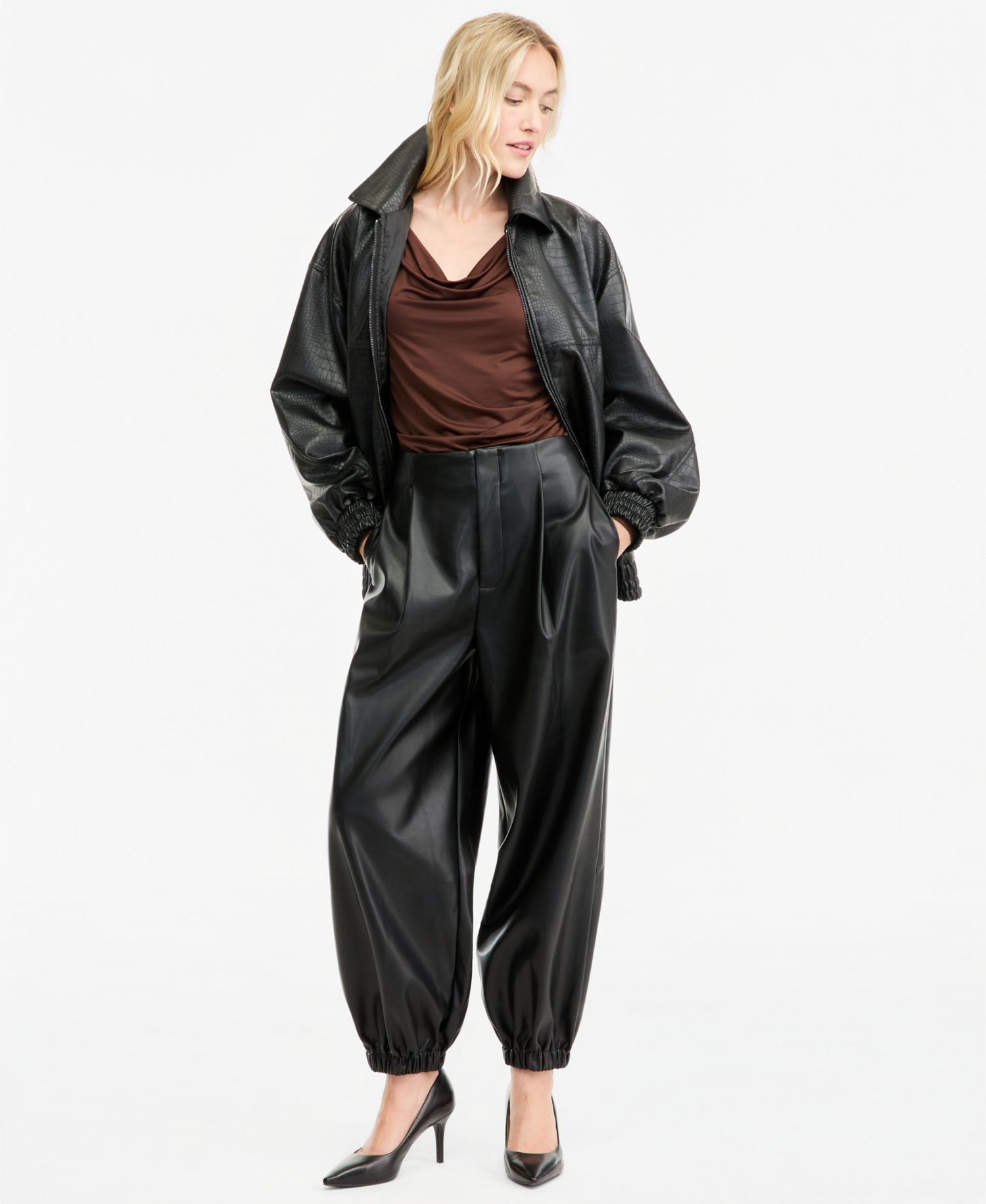 Women's High-Rise Pleated Faux Leather Pants