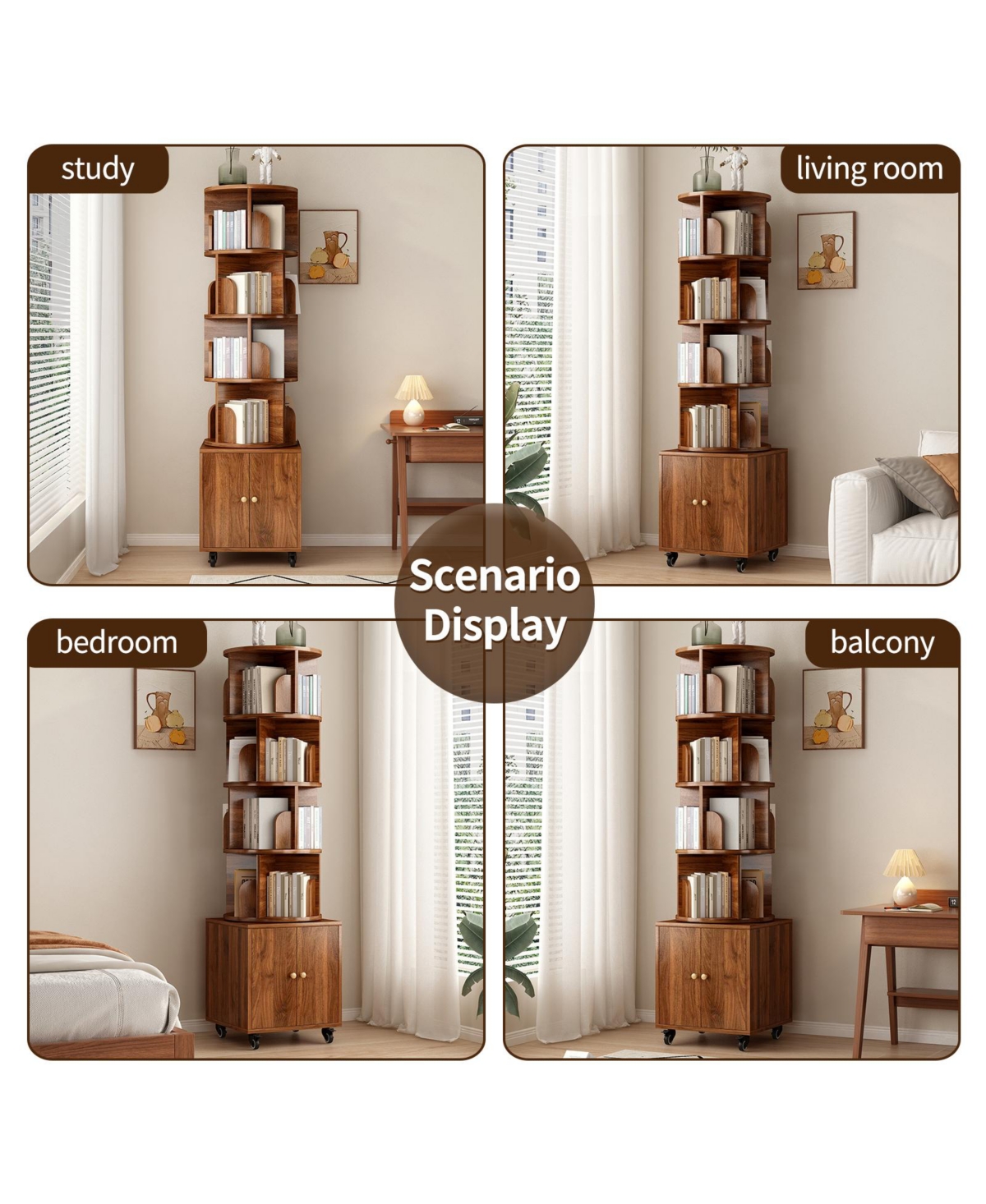 sumyeg 360 Degree Rotating Display Cabinet 5 Tier Corner Bookshelf with Drawer